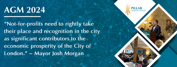 Adorned with the Pillar Nonprofit Network logo and cameos of London Mayor Josh Morgan addressing people at Innovation Works, banner reads "AGM 2024" and "'Not-for-profits need to rightly take their place and recognition in the city as significant contributors to the economic prosperity of the City of London.' ～ Mayor Josh Morgan" and the 